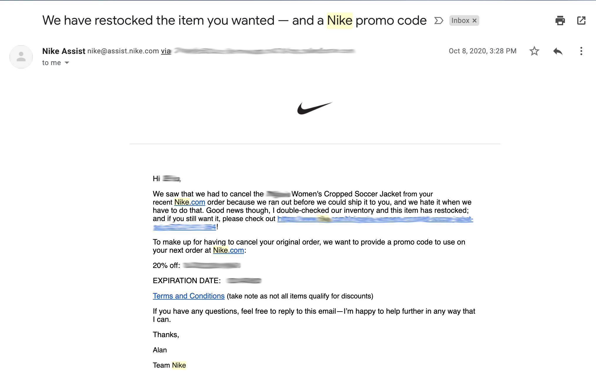 Email demonstrating Nike delivering personalized service to customer with a discount code