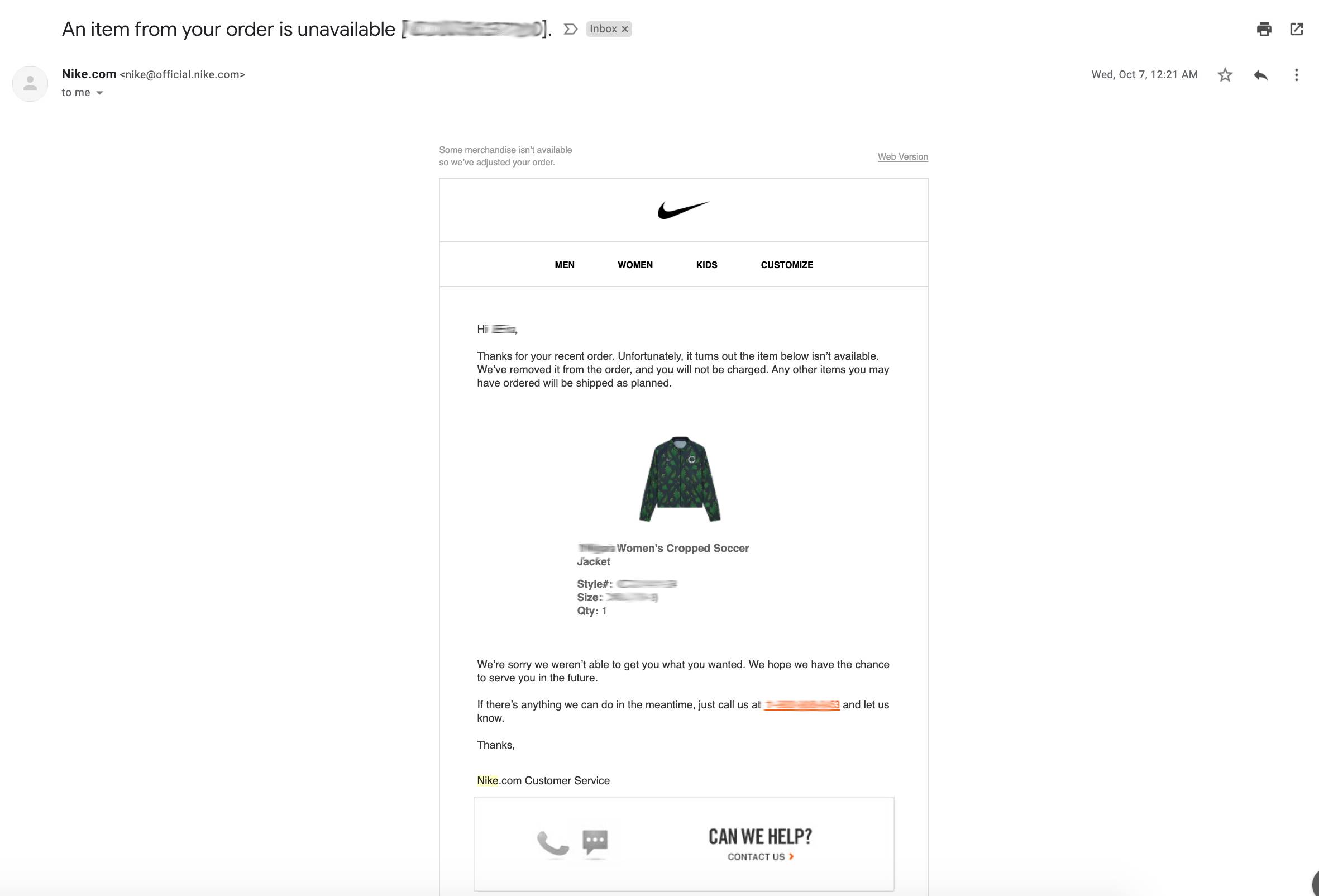Personalized customer email from Nike.com notifying customer of canceled order
