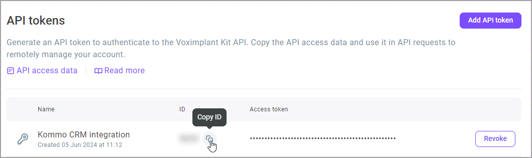 Copy API token ID