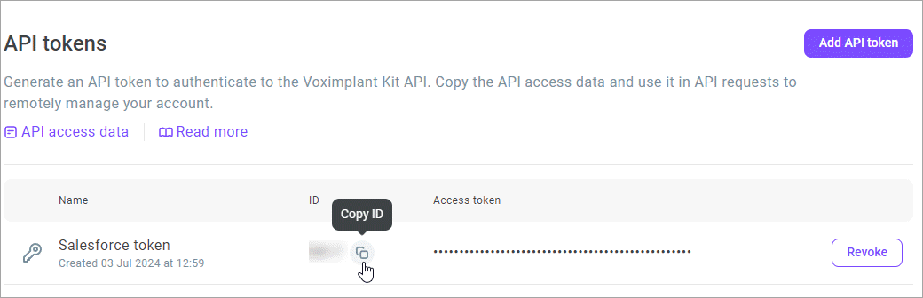 Copy API token ID