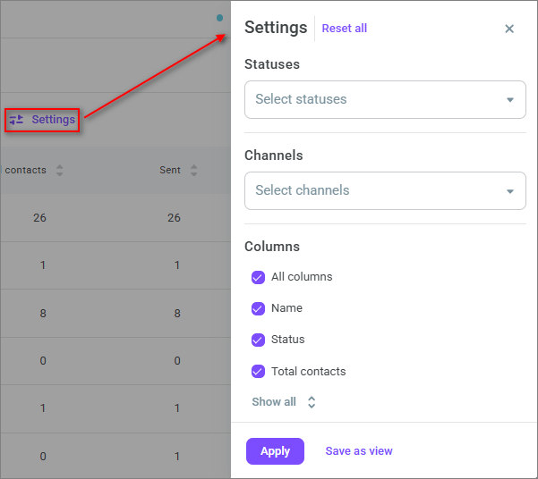 Bulk messaging statistics settings Bulk messaging statistics settings