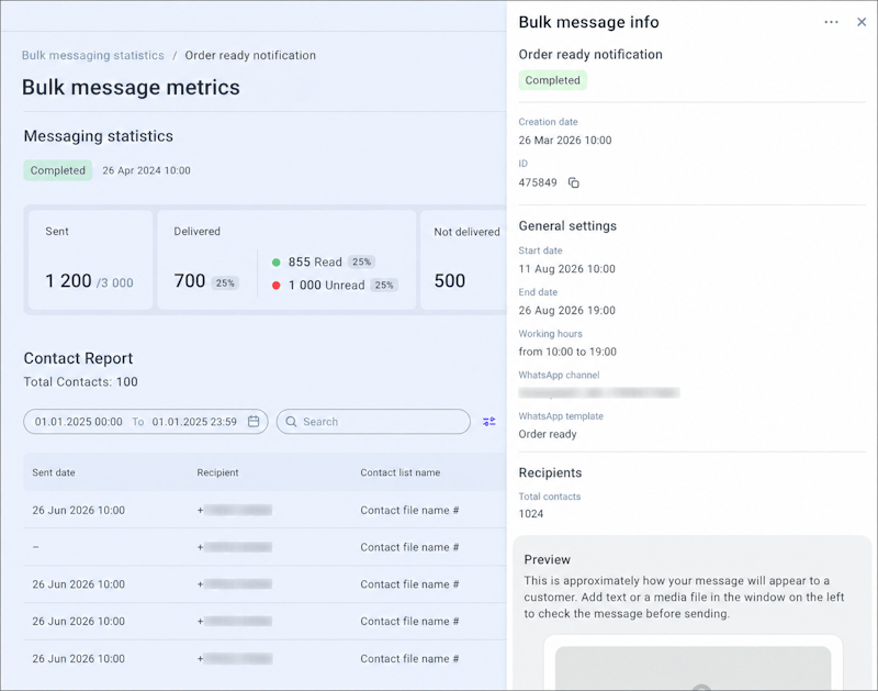 Bulk message information side panel
