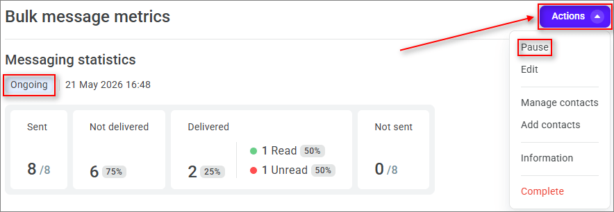Bulk message in the Ongoing status