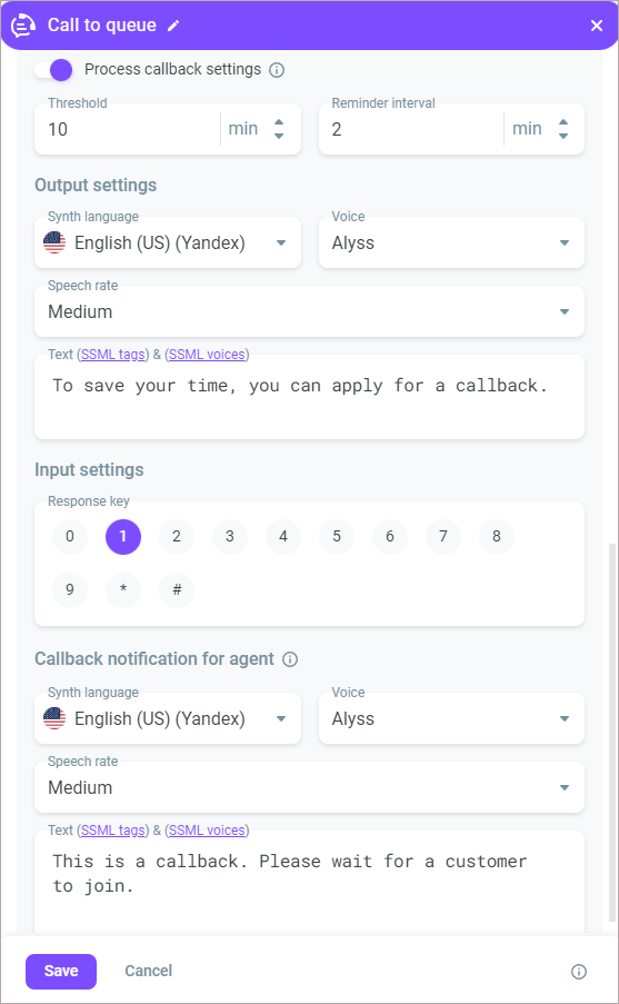 Callback settings